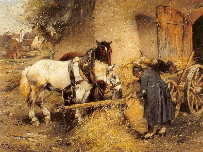 1861-Friedrich Eckenfelder - Contadino che dà da mangiare ai suoi cavalli, 1886